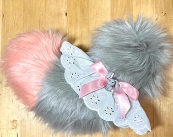 Handmade Coquette Grey & Peach Bunny Fursuit Tail Eyelet Lace Kawaii + Cute Furry Cosplay
