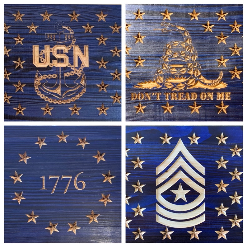 May include: Four wooden plaques with a blue background and gold stars. The plaques feature a navy anchor with the text "USN", a snake with the text "Don't Tread On Me", the number "1776", and a military rank insignia.