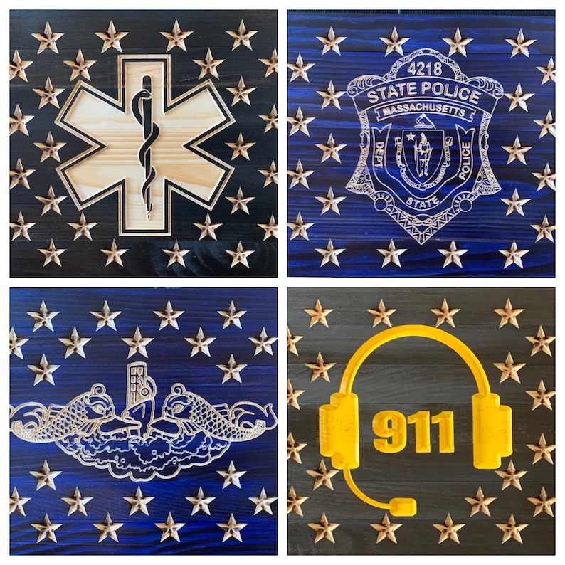 May include: Four wooden plaques with a blue and black background and gold stars. Each plaque features a different symbol: a medical star of life, a police badge with the text "4218 STATE POLICE MASSACHUSETTS DEPT STATE POLICE", a submarine with two fish, and a yellow headset with the text "911".