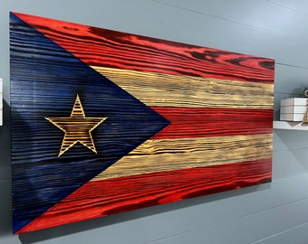 Rustic Puerto Rican Flag Wall Art - Hand Made - Burned wood