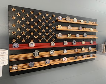 Thin Red Line Flag: Rustic Wooden Firefighter Coin Display