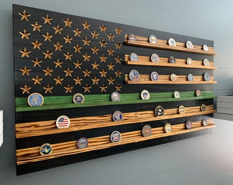 Rustic Thin Green Line American Flag Challenge Coin Display