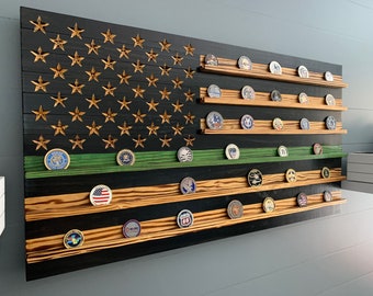 Thin Green Line  Challenge Coin Display Rack Holder - Rustic American Flag  - Military Army USMC Marines Air Force Navy Coast Guard Police