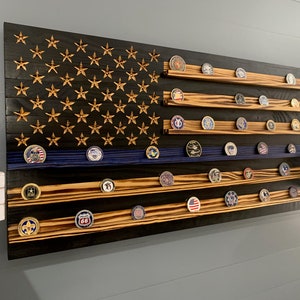 Thin Blue Line Challenge Coin Display Rack Holder - Thin Blue Line Rustic American Flag  - Law Enforcement Police Coin Display 37&quot; x 19.5&quot;
