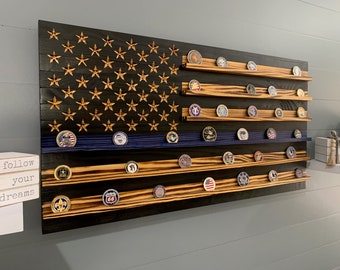 Thin Blue Line Flag Coin Display: Rustic Wooden Law Enforcement Gift