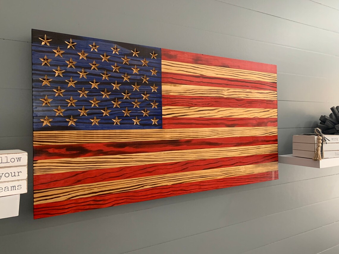 Wooden American Flag Rustic Wall Art - Hand Made - Burned Wood - Etsy