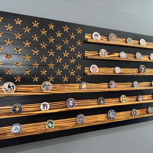 Challenge Coin Display Rack Holder - Black and White Tan - Rustic American Flag  - Military Coin Display 37&quot; x 19.5&quot;