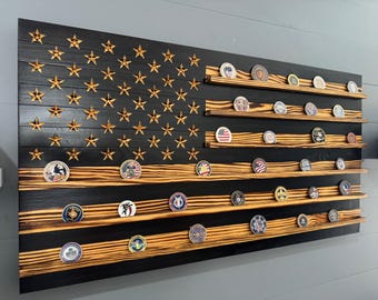 Rustic American Flag Challenge Coin Display: Military Gift