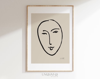 Impresión abstracta de rostro de Henri Matisse, decoración de pared con líneas minimalistas (descarga digital)