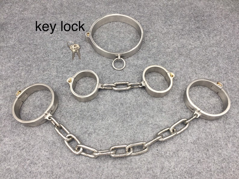 Stainless Steel Shackles 3 In 1 Kit Collar+Handcuffs+Ankle Cuffs BDSM Fetish Bondage Gear Set (Key Lock/Screw Lock) 