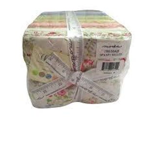 May include: A bundle of 42 assorted fabric squares, each measuring 5 inches by 5 inches. The fabric squares feature a variety of floral patterns in shades of pink, green, blue, and white. The fabric is packaged in a clear plastic bag with a white label that reads "moda 281648 1/2 yard / 45cm x 54"