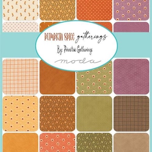 May include: A fabric swatch collection with various patterns in shades of orange, brown, and green. The text "PUMPKIN SPICE gatherings By: Primitive Gatherings moda" is displayed in the center of the image.