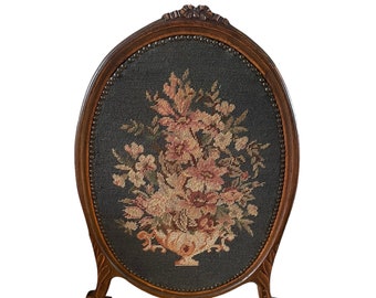 Late 19th Century carved walnut oval fireplace screen , antique floral needlepoint , tapestry,