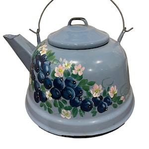 Tole painted kettle signed by artist,   country decor, farmhouse decor