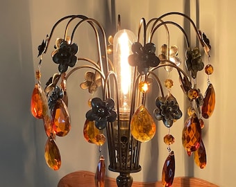 Vintage Hollywood Regency  Amber Crystal Waterfall Table Lamp