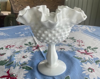 Fenton milk glass footed hobnail crimped bowl