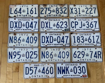 Collection of 14 Ontario authentic used license plates from the 1970's