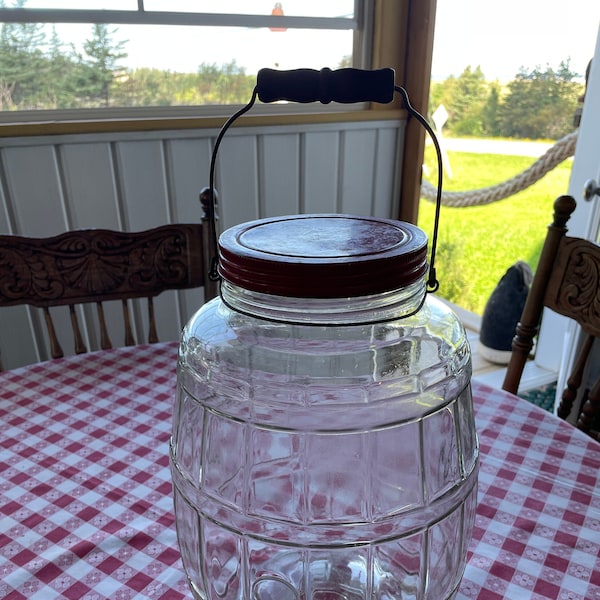 Old Country Store counter vintage glass pickle barrel jar with wire/wood handle with enamelware ladle