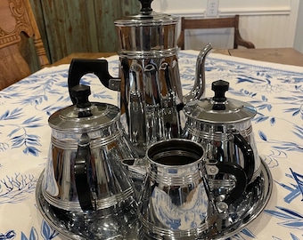 French vintage art deco chrome copper coffee maker complete set with melamine handles.