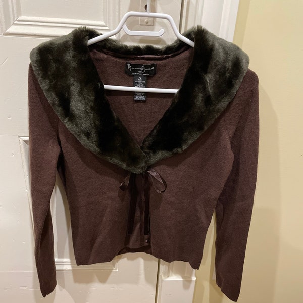 Mercer & Madison 100% Brown Italian Merino Wool Long Sleeve Removable Fur Collar Size S