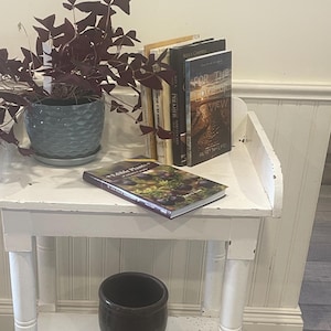 May include: White two-tiered side table with a distressed finish. The top shelf has a book titled "My Little Plants" and a potted plant with dark purple leaves. The bottom shelf has a brown ceramic pot.