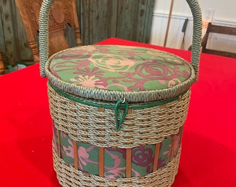 Vintage sewing basket with handle - filled with supplies