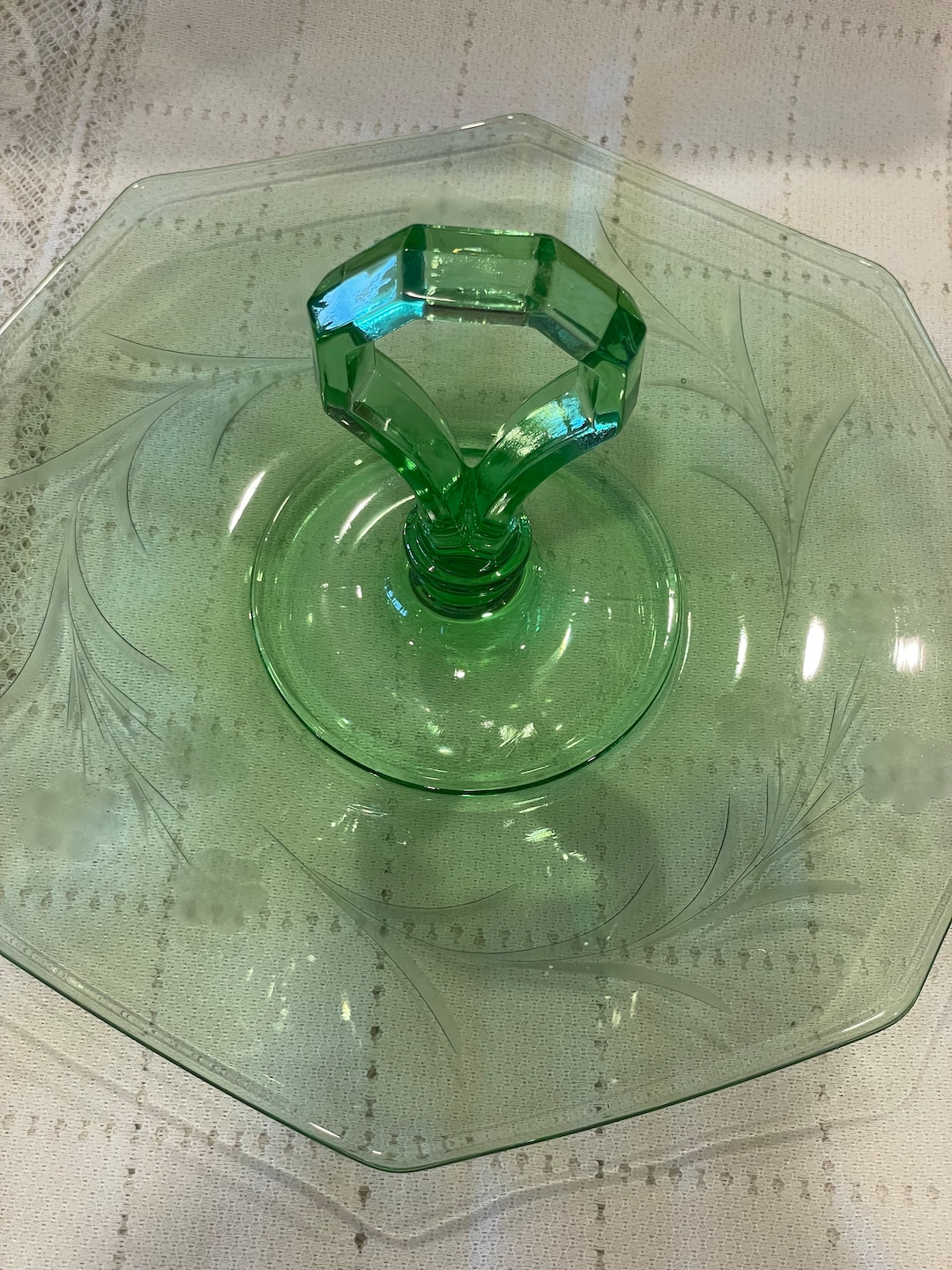 Green Depression Glass Serving Tray With Handle Etsy