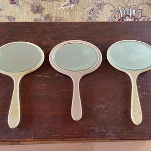 Collection of 3 Antique Art Deco Pyralin/Celluloid Beveled Glass Ladies Hand Mirrors