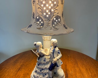 Handpainted porcelain victorian lamp, boudoir dresser lamps, figurine lamps, table lamps
