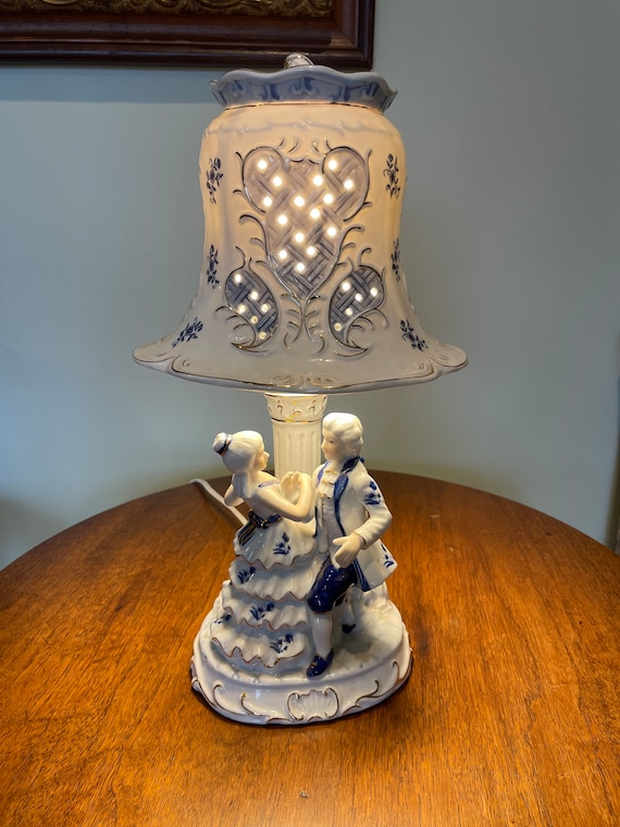 Handpainted porcelain victorian lamp, boudoir dresser lamps, figurine lamps, table lamps