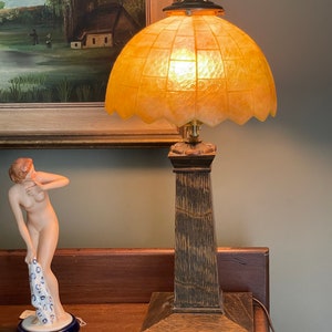 Antique Arts and Craft slag glass oak table lamp