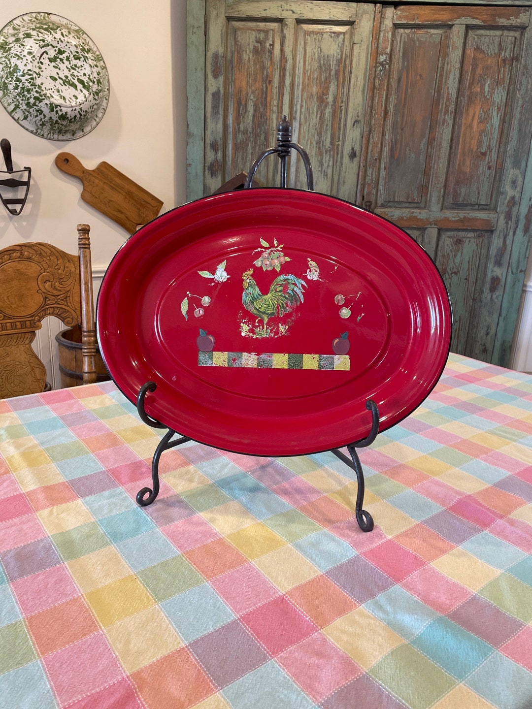 Vintage Red Enamelware Tray With Black Edging Etsy