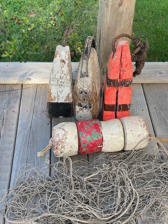 A Small Collection of Antique and Vintage Fishing Buoys, Netting