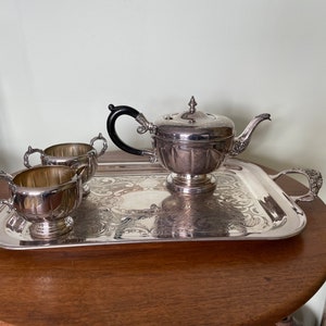 Vintage Viking Silver Plate EP Copper Teapot w/ Sugar & Creamer Set Made in Canada  with  Rectangular Silver plate Tray