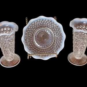 Hobnail French Opalescent Glass, Set of three Pieces 2 Vases,  1 small ruffled dish