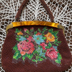 Vintage Beaded Purse with faux Tortoiseshell Handle, Made in Hong Kong, , clean Inside, 1960s,