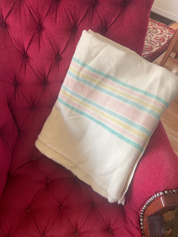 Vintage wool blanket with multi coloured stripes at either end     71" x 58"    #35