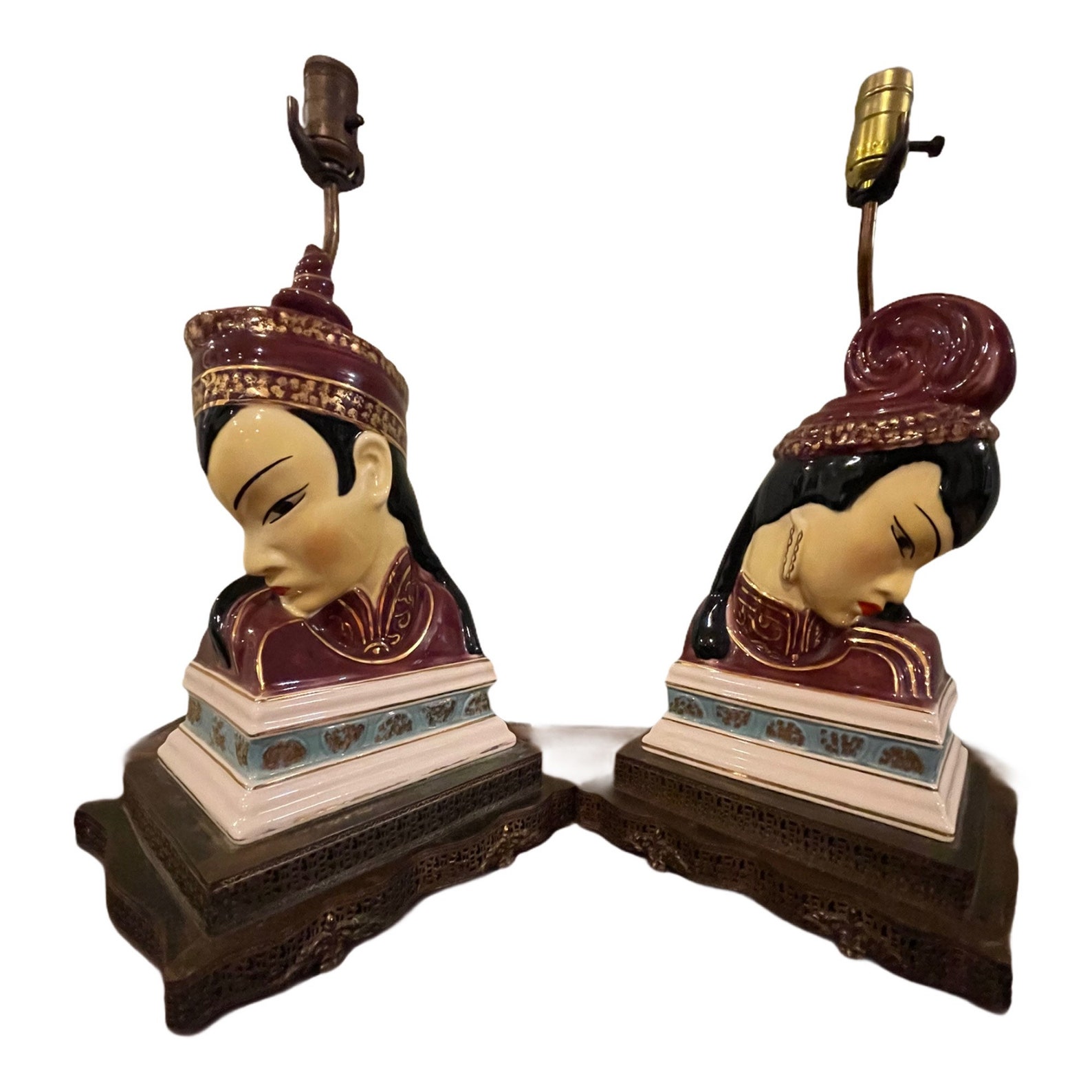 Pair of Rare Vintage Asian Hand Painted Figural Table Lamps Etsy