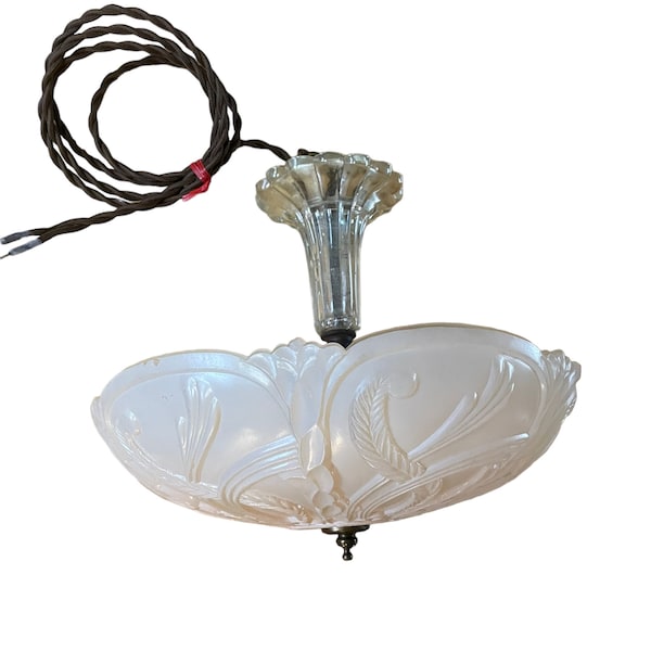 Gorgeous  Old frosted glass Original  light fixture ceiling chandelier 1940s - rewired