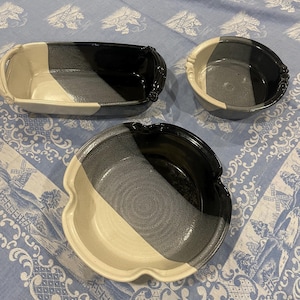 Connie Reavie Saskatchewan Studio Pottery Set of 3 | Signed Canadian Pottery Bowls | Black Grey Cream Stoneware