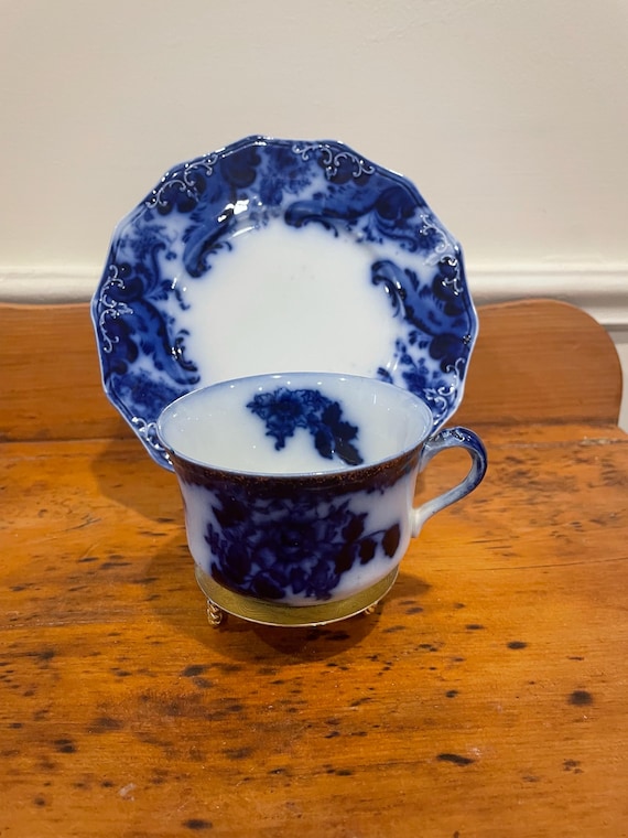 Antique English flow blue cup and saucer / Walbros New Wharf Pottery /  Victorian Tea Cup / c. 18801900