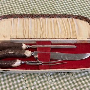 Three  piece meat carving set with brown  faux horn handles - Sheffield of England