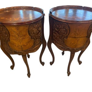 Antique Pair of French Louis XV round inlaid marquetry carved mahogany tables