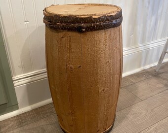Hand made wooden barrel bin or keg with birch bentwood twig barrel hoops