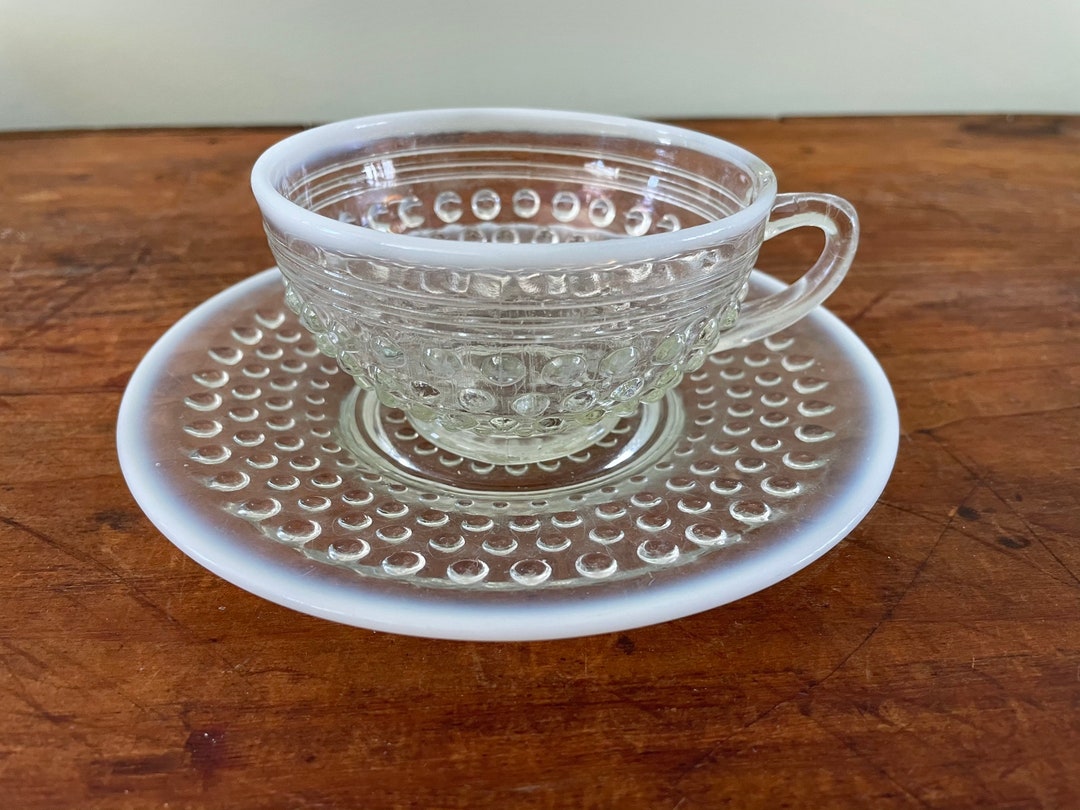 Vintage Opalescent Moonstone Fenton Hobnail Cup and Saucer