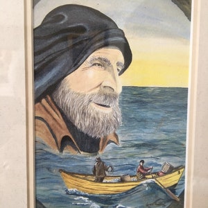 A beautifully framed water color painting of fishermen in a dory signed Lorraine Hennessey/89.