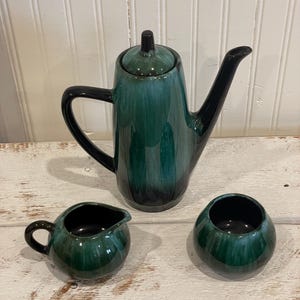 Signed Blue Mountain Pottery coffee pot with creamer & sugar