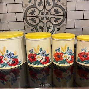 Set of 4 metal canisters c. 1950s. Farmhouse decor