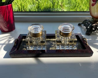 Vintage Pair of Architectural Art Deco Crystal Inkwells with Brass Hinged Lids – Heavy Cut Lead Crystal Desk Accessories