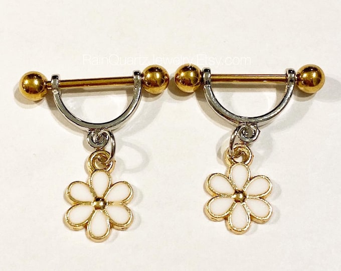 Flower Nipple Rings Gold Surgical Steel Barbell Nipple Shields Daisy